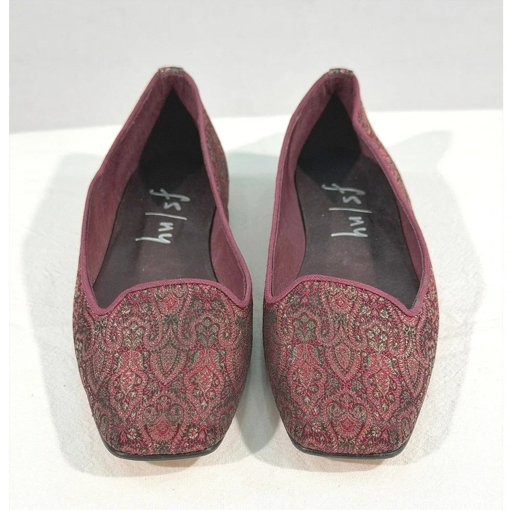 French‎ Sole FS/NY Square Toe Ballet Flats Burgundy Wine Gold Tapestry Jacquard